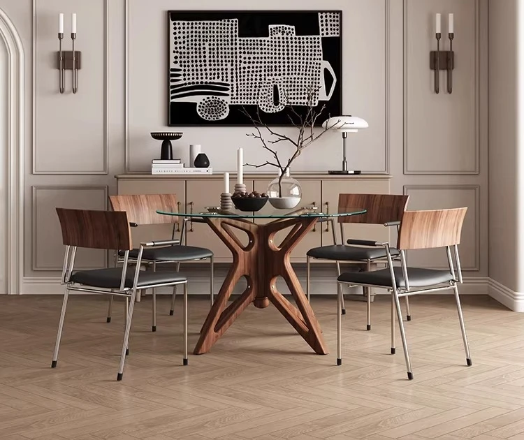 

Small apartment solid wood tempered glass dining table household dining table living room round table