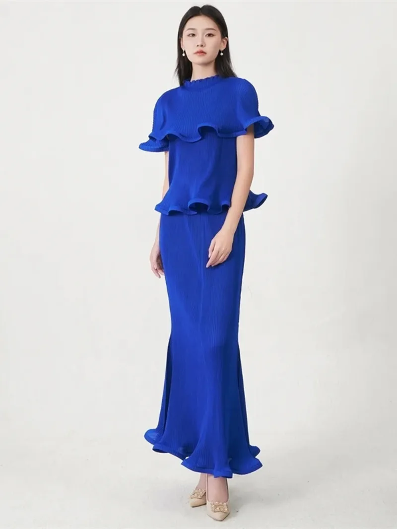 

Two Pleated Women's Pieces Set High-End Fashion Stringy Selvedge Design Short Sleeve T-Shirt + Elastic Waist Long DHUV