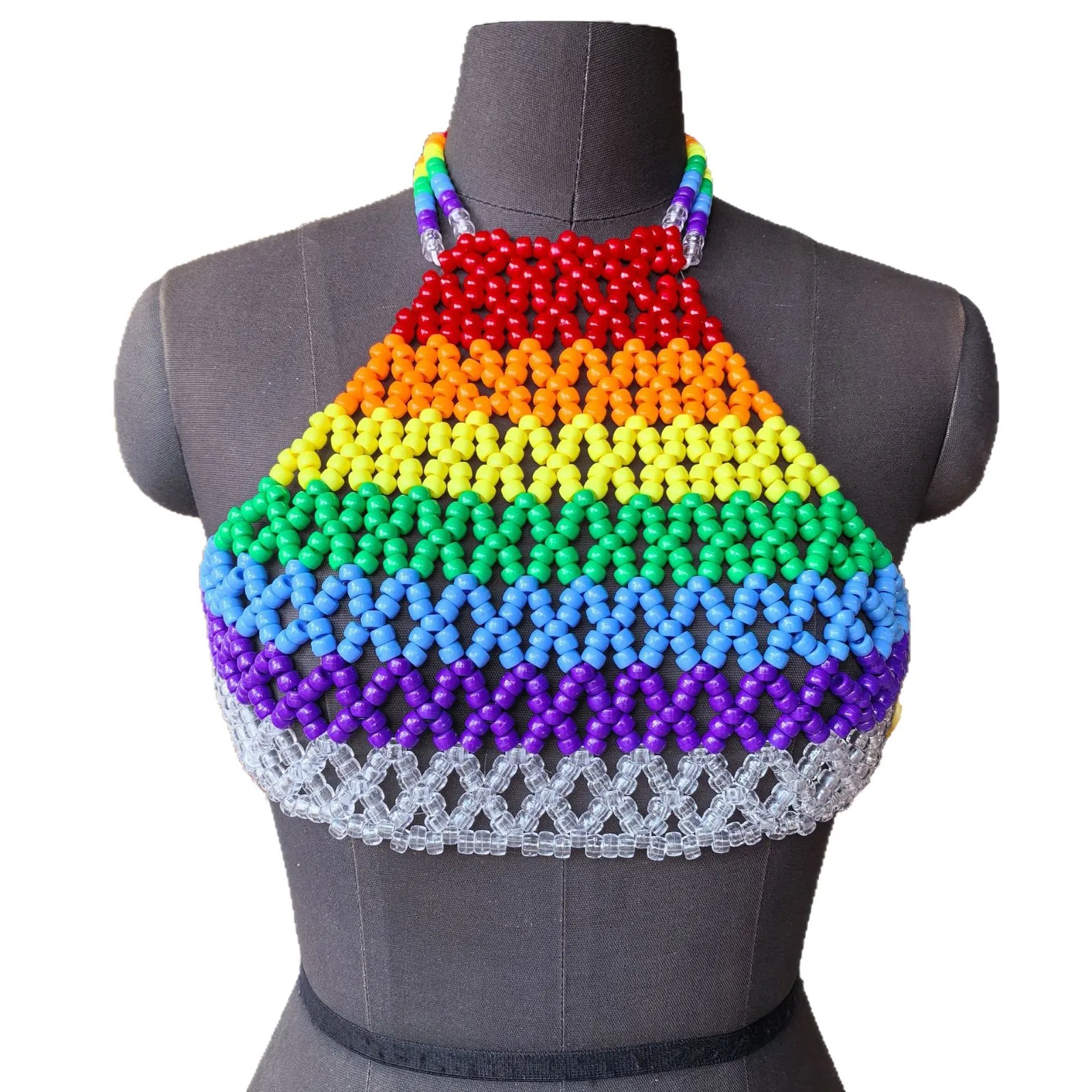 Amusement Park Performance Show, Body Chain, Rainbow Color Wrapped Chest And Bellyband Vest, Hand Woven Beaded Top