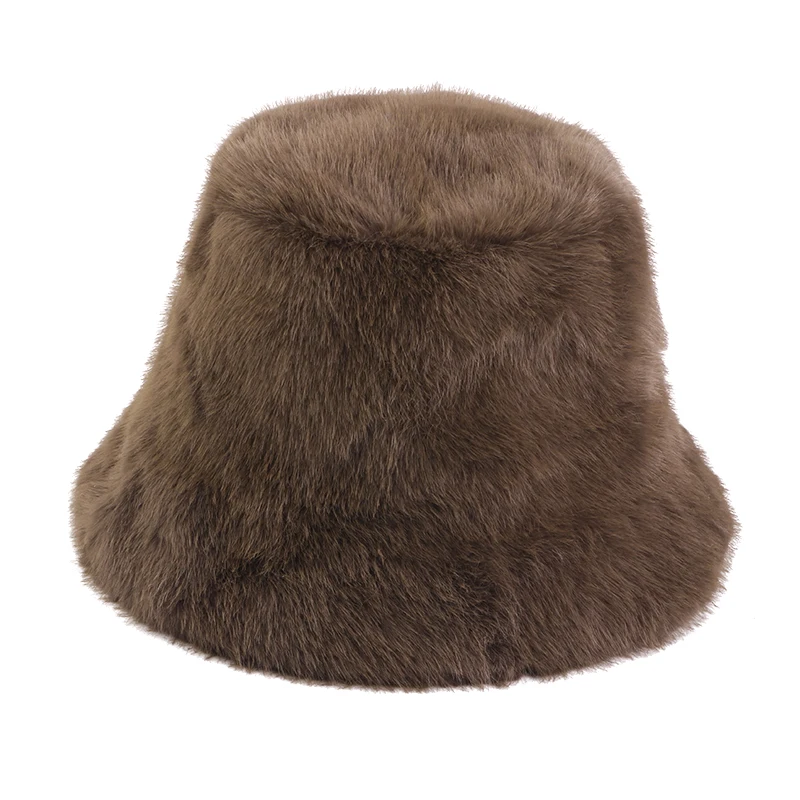 Women Faux Fur Bucket Hat Winter Warm Fluffy Plush Fisherman Hat Solid Color Soft Thick Party Outdoor Hat