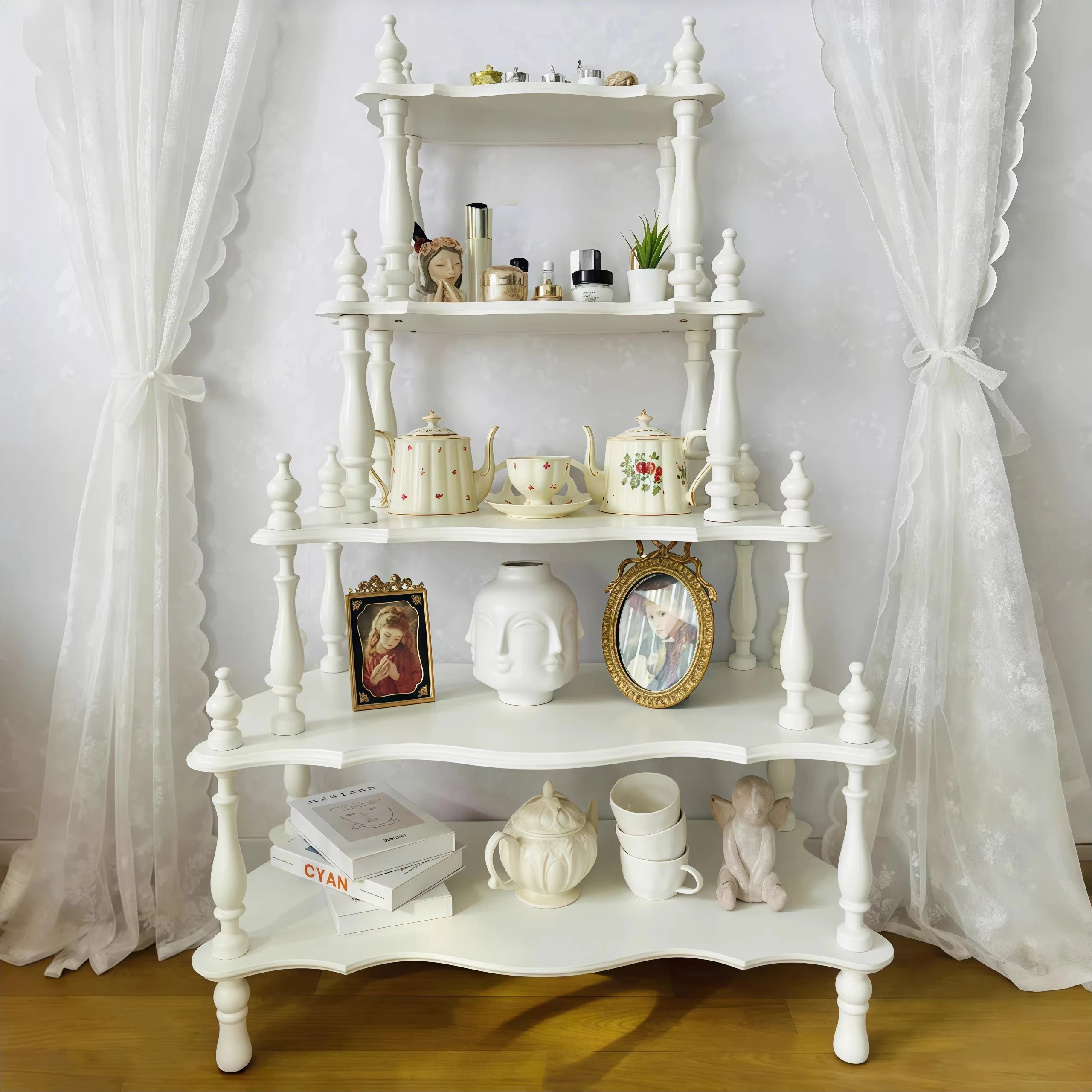Retro carved five-layer storage shelves bookshelves flower racks commodity display racks and figure display racks