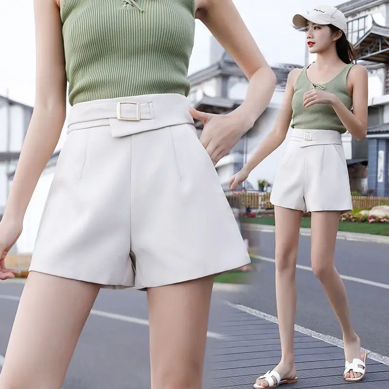 エレガントなスーツショーツ レディース 韓国ファッション ブラック ワイドレッグショーツ 夏 オフィス レディース ホワイト ハイウエスト オールマッチ ショートパンツ Wh9