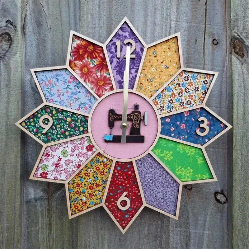 Retro Sewing Machine Wall Clock Creative Wooden Home Decor Floral Patchwork Design Clock For Living Room Kitchen Bedroom