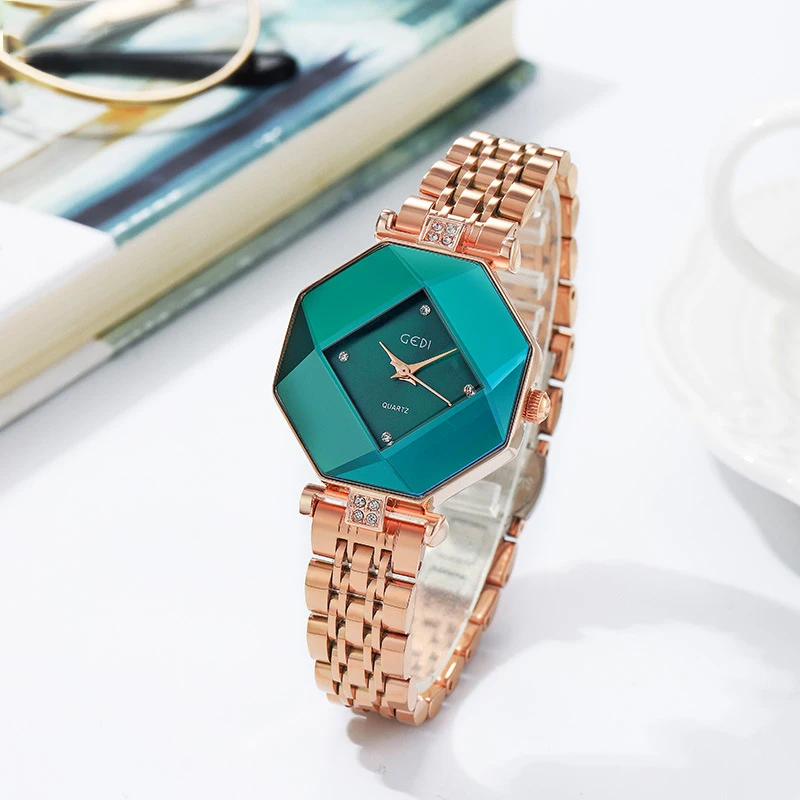 GEDI Octagonal Women's Watch Fashionable Rhombus Design Wristwatch Ladies' Niche High-End Leather Strap Quartz Watch