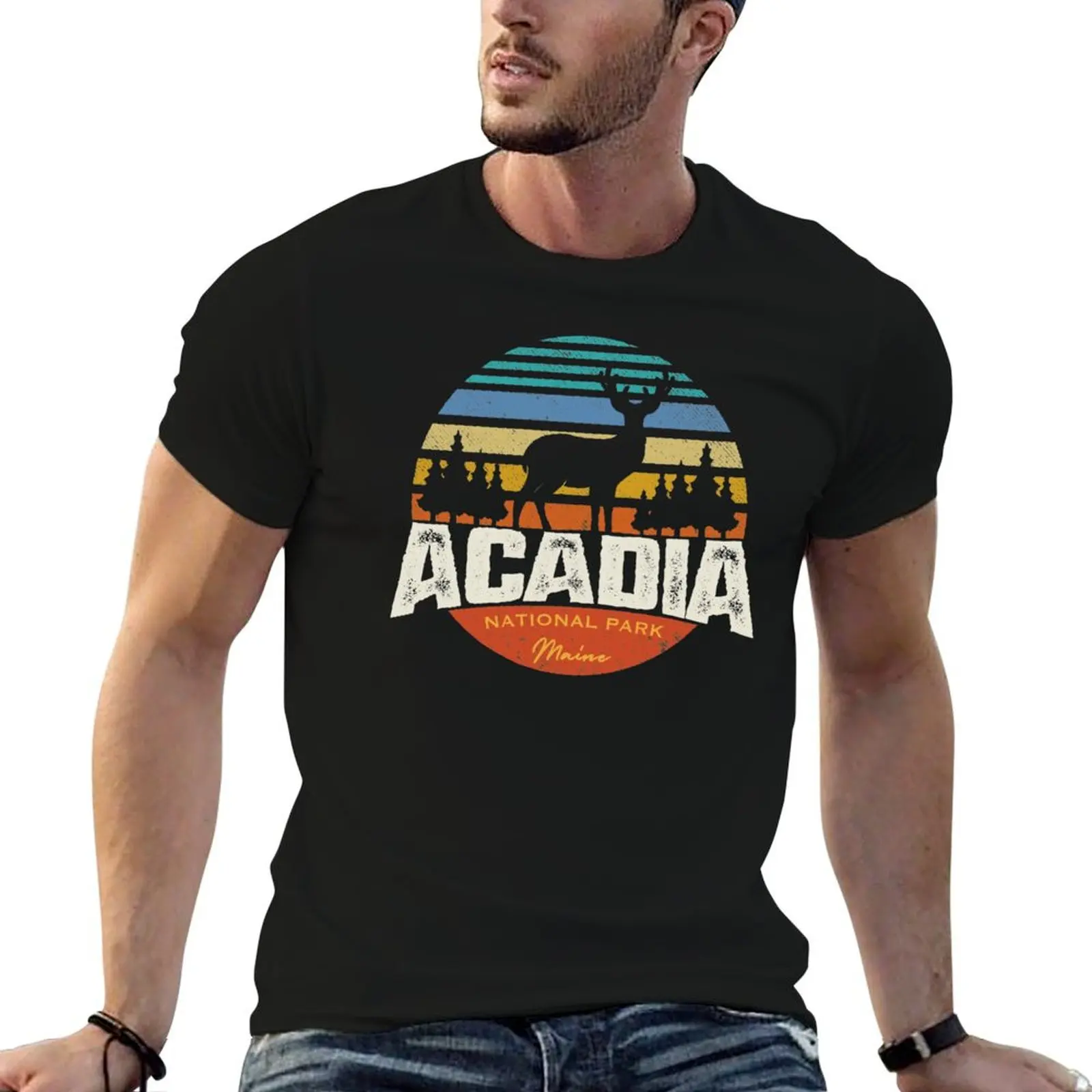 Acadia National Park Maine - Vintage Mountain Moose Deer Graphic Outdoor Apparel T-Shirt Basic Daily Outfit Short Sleeve Tee