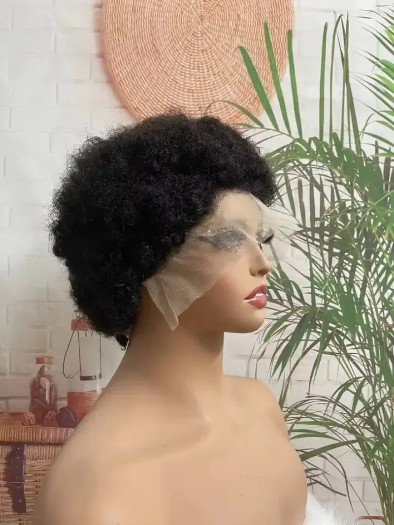 Wig keriting Kinky Afro pendek 13x4 wig Frontal renda transparan wig rambut Remy Brasil warna alami untuk wanita hitam