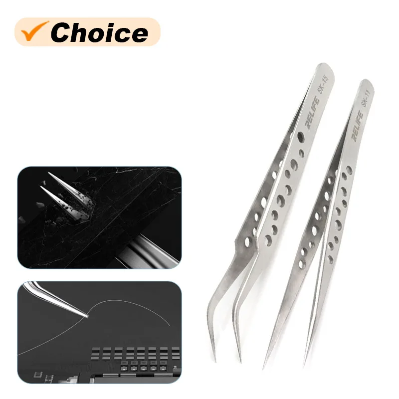 RELIFE SK-11/15 Universal Straight/Curved Tweezers with Holes for Phone Repair High Hardness Non-slip Anti-magnetic Forceps
