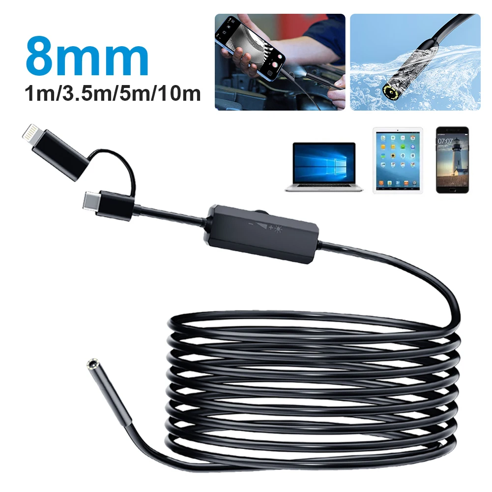 Endoscope Camera with Light 1920P 8mm Slim Borescope Dimmable 8LED Inspection Camera for iPhone Android Waterproof Snake Camera