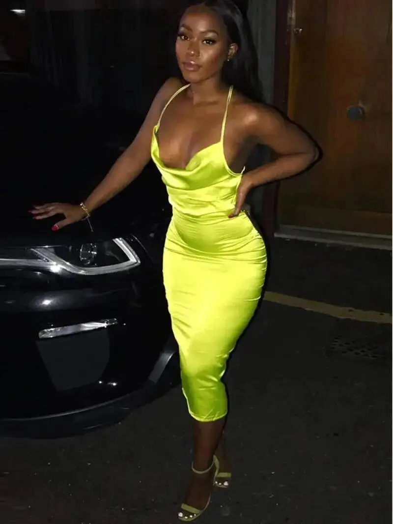 Abito longuette lungo da donna con lacci in raso rosa chiaro aderente senza schienale elegante festa sexy abiti da club vestito da cena estivo