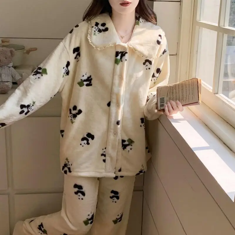

Фланелевые женские пижамы, осенне-зимняя новая модель, одежда для сна, милый костюм панды, утепленная флисовая подкладка для девочек, домашняя одежда из кораллового флиса