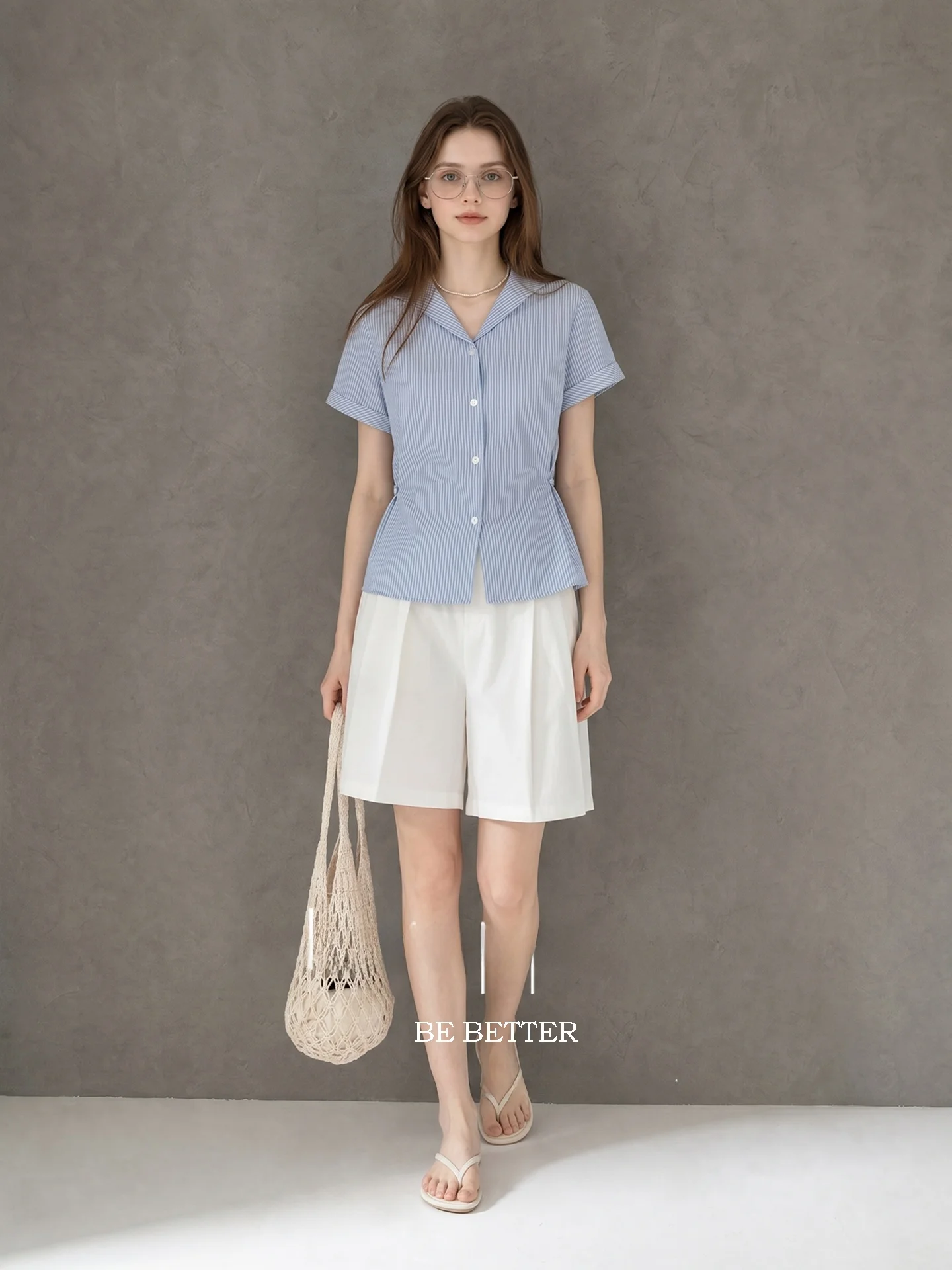 

HUAAPPUW Silk Navigation Stripe Navy Collar Short Sleeve Shirt 2026 Summer New Commute Button up Top Women's Business Shirt