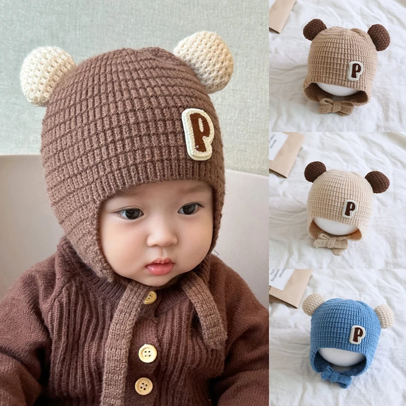 

Baby Girls Boys Knitted Warm Ear Protection Bonnet Hat Autumn Spring Cute Bear Ears Hat Soft Pompom Infant Cap Beanie