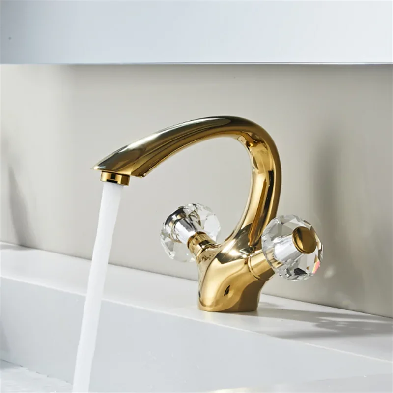 Gold Bathroom Faucet Brass and Crystal Gold Basin Two Handle Lavotory Hot and Cold Sink Water Faucet Tap
