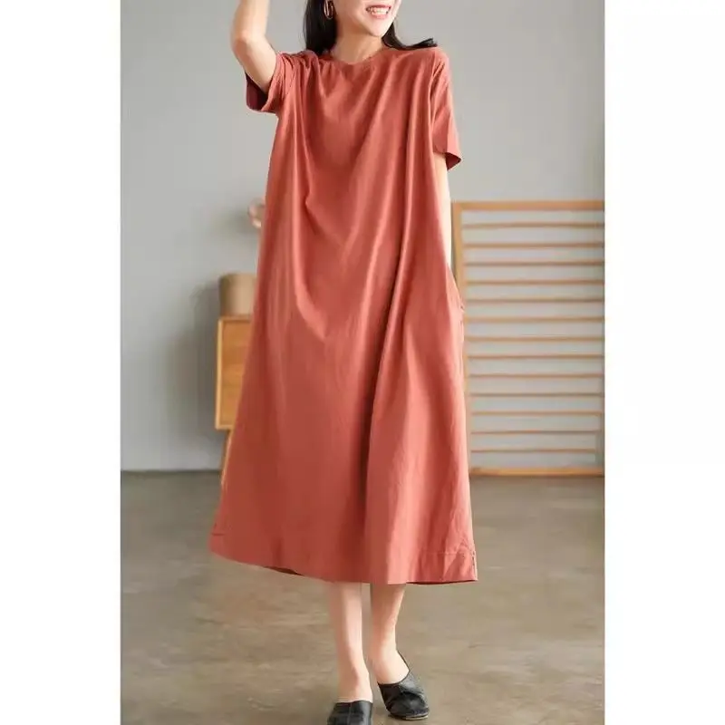Robe t-shirt à manches courtes et col rond pour femme, vêtement surdimensionné, décontracté, mode féminine, couleur unie, ample, mi-longue, été