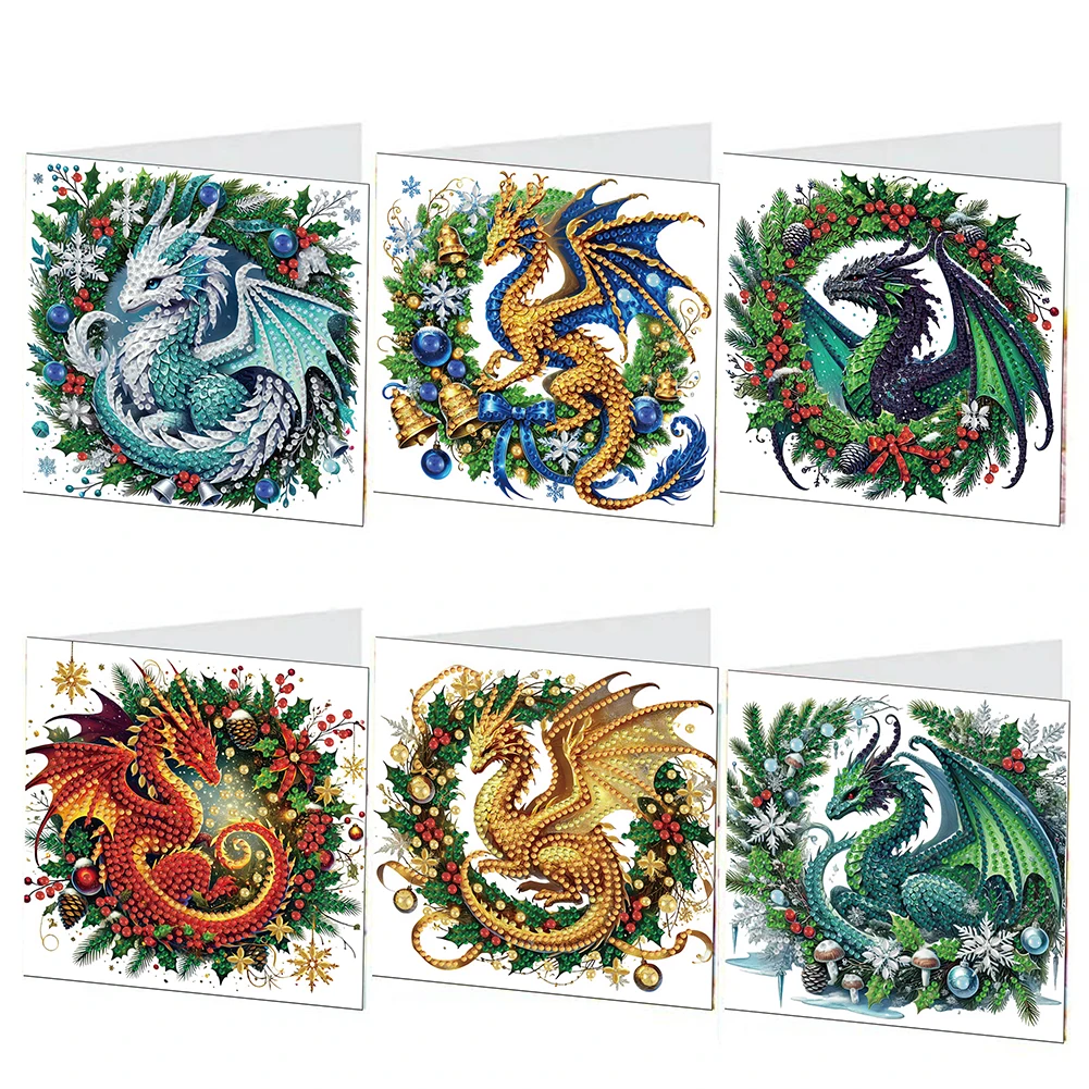 6PCS DIY Diamond Art Greeting Cards Christmas Dragon Congratulations Cards