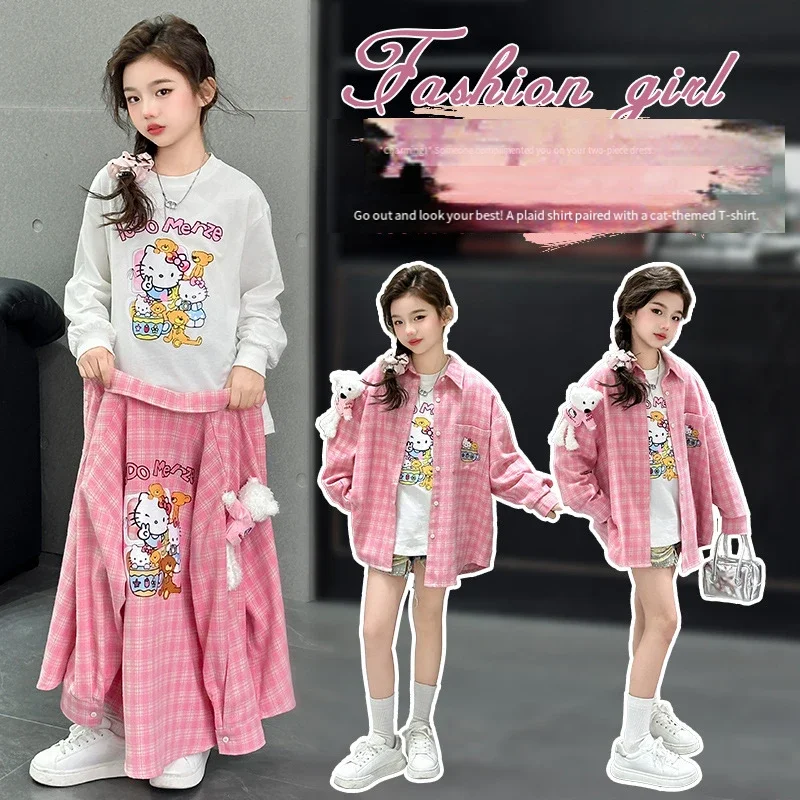 

Sanrios T-Shirt Hello Kittys Girl Shirt Spring Autumn Grid Shirt Vero Moda Children's Clothing Kawaii Cartoon Kids Girls Clothes