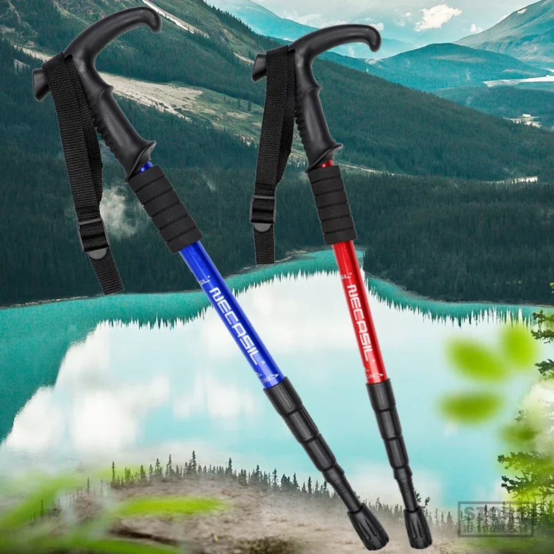 Auminum Alloy Foldable Trekking Poles  Section Ultralight Hiking Walking Stick Antiskid Cane Camping Accessories