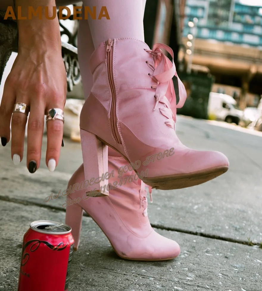 ALMUDENA Pink Satin Chunky Heel Ankle Boots Padded Collar Ribbon Lace-Up Short Booties Block Heels Elegant Dress Pumps