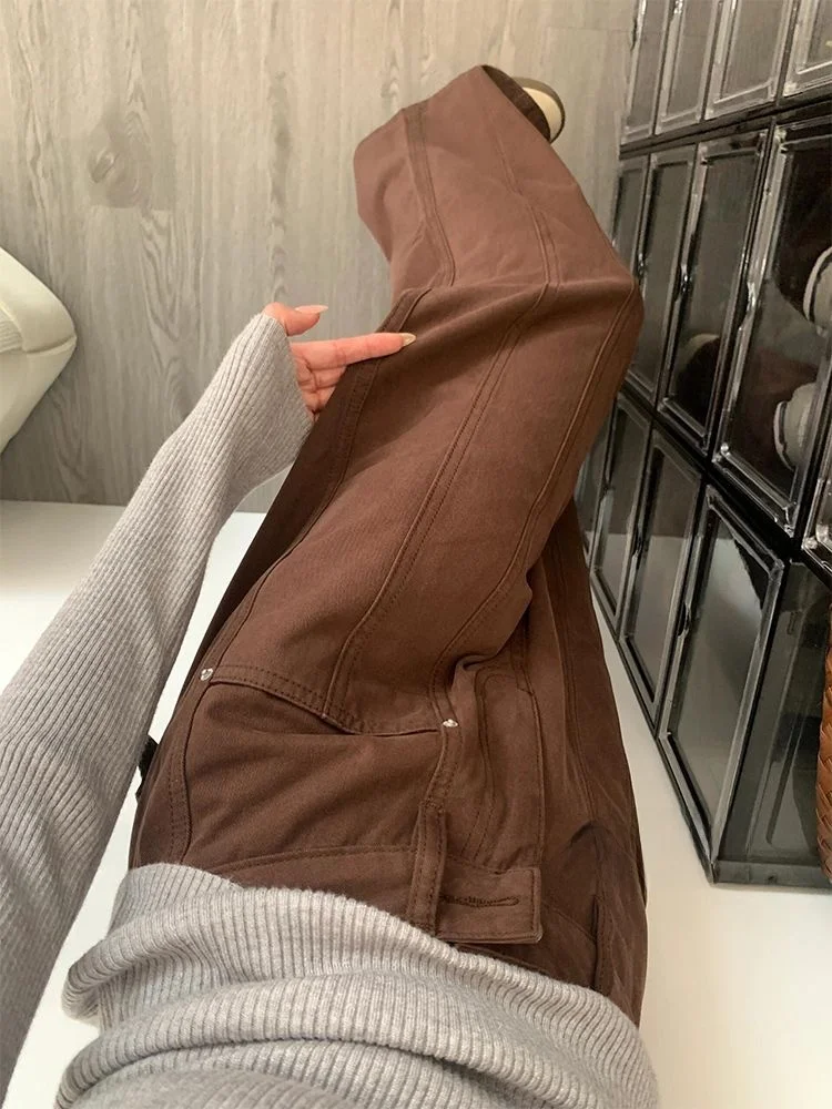 

High Waist Loose Fit Brown Denim Workwear Jeans Women's Summer Drapey Straight Leg Casual Pants Vintage Style Pure Color