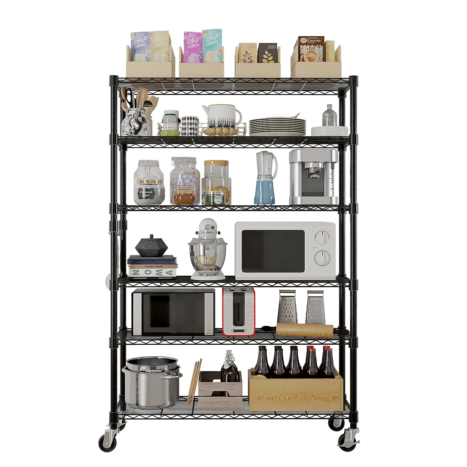 6-Tier disassembly and free assembly NSF-Certified Steel Wire Shelving with Wheels, Space-Saving Design, Easy Assembly