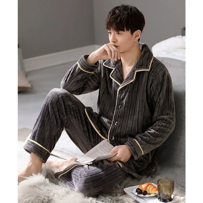 2024 New Pajamas Men Autumn Winter Loungewear Coral Velvet Thickening and Plushing Sleepwear Warm Flannel V-neck Homewear Suit