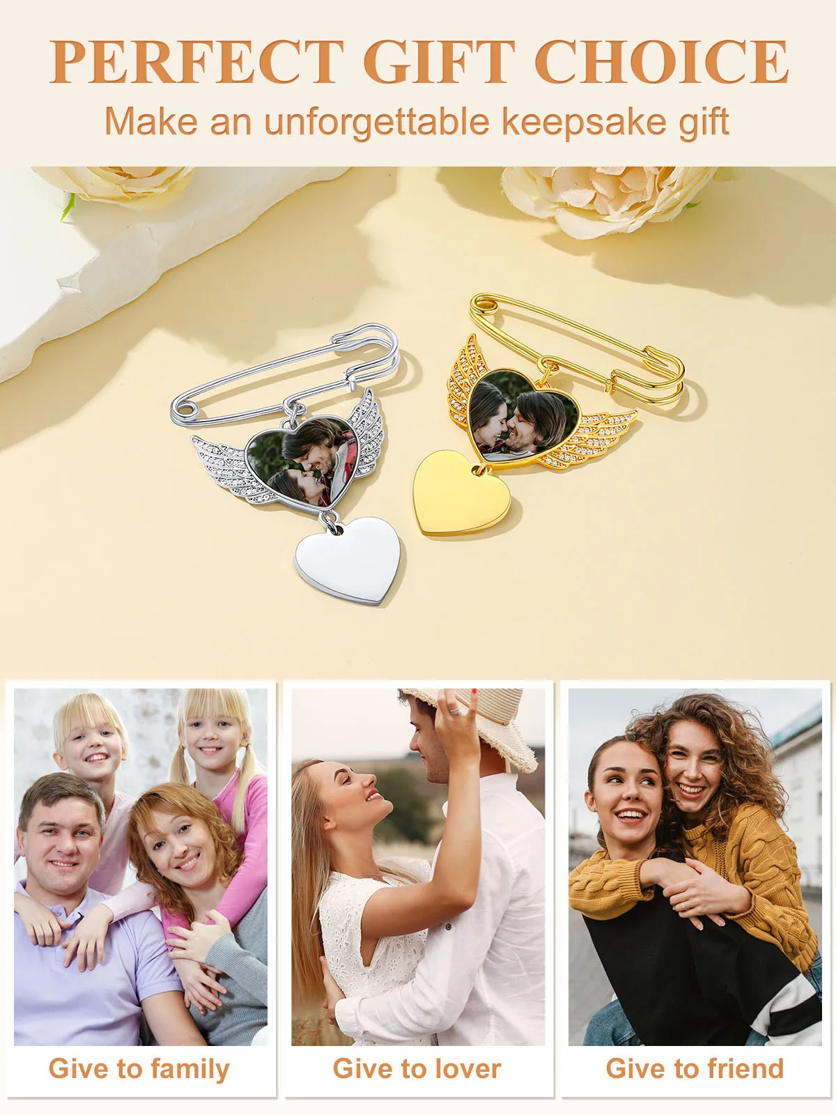 U7 buquê de casamento personalizado, broches fotográficos a +++ cz, asas de anjo, coração e foto redonda, pingente de texto, pino funerário, joia memorial, presente