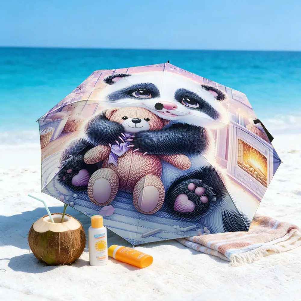 1PC Cute Panda and Teddy Bear Printed Umbrella Outdoors Print 8 Iron Ribs Folding Umbrella Auto-Open Fashion Sunshade