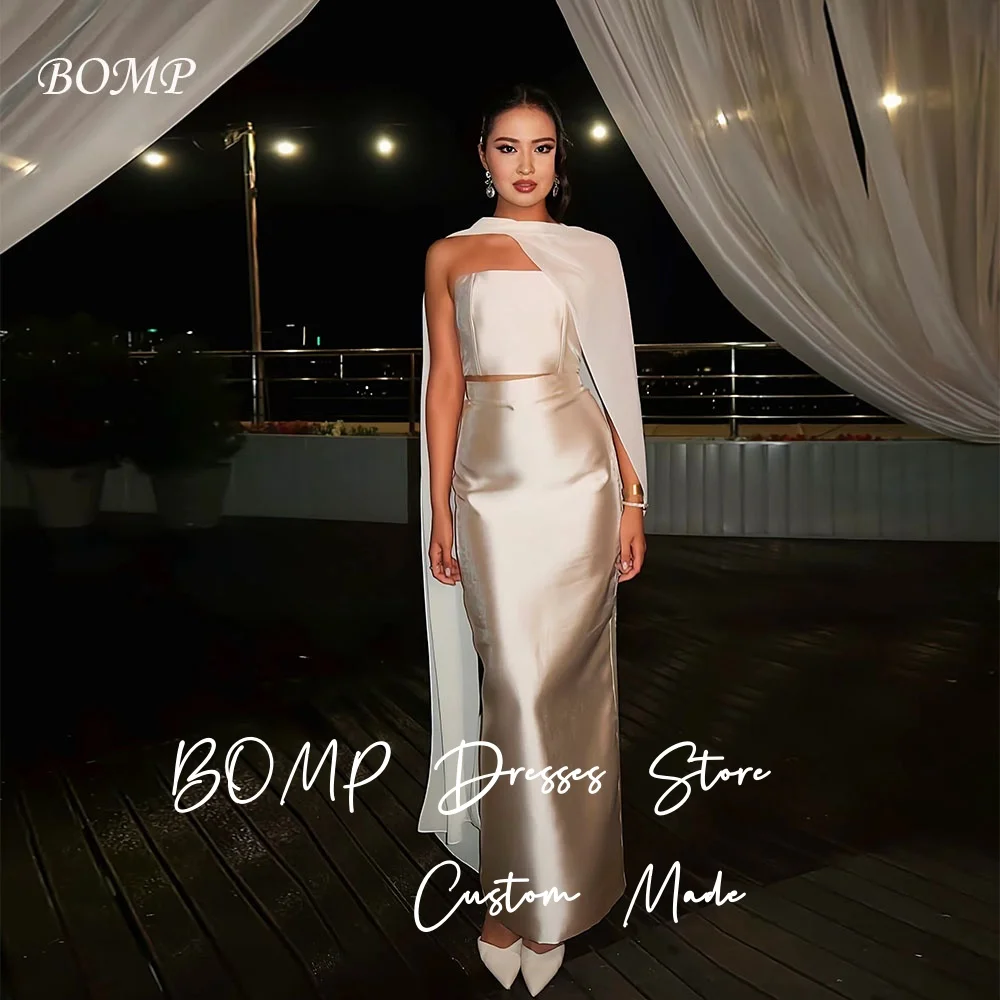 

BOMP Eegant 2PCS Evening Dress with Jacket Strapless Straight Floor Length Satin Formal Occasion Party Dresses Customzied Shiny