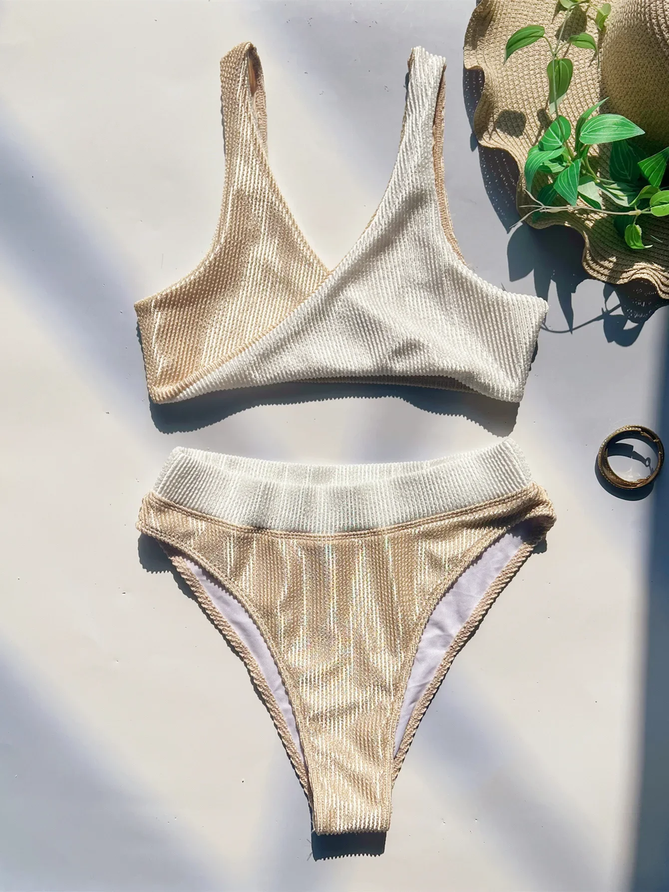 Traje de baño de 2 piezas de retazos de Color sólido para mujer, Bikini sexy de cintura alta con cuello en V, traje de baño para vacaciones en la playa de verano 2025, traje de baño