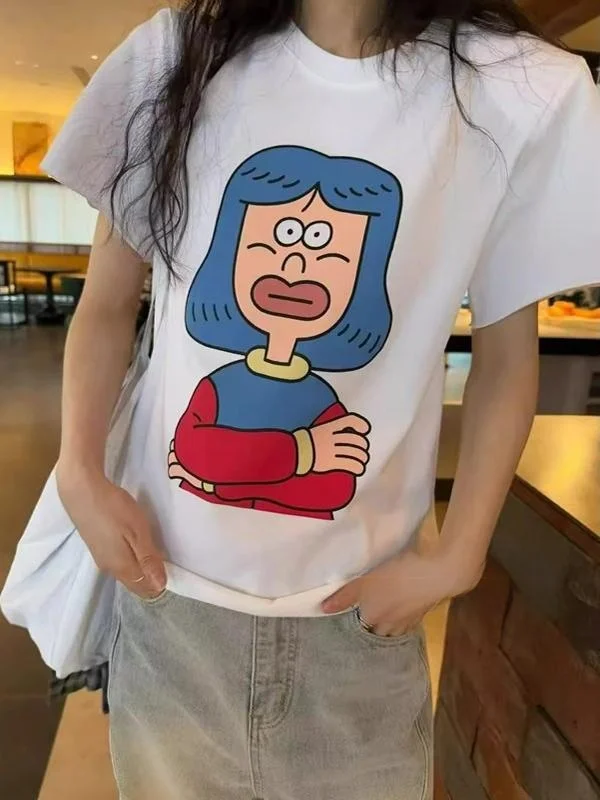 

Fashionable American Street Style Summer New Cartoon Print Loose Shoulder Pad Short Sleeve T-Shirt Women's Top Commute Style