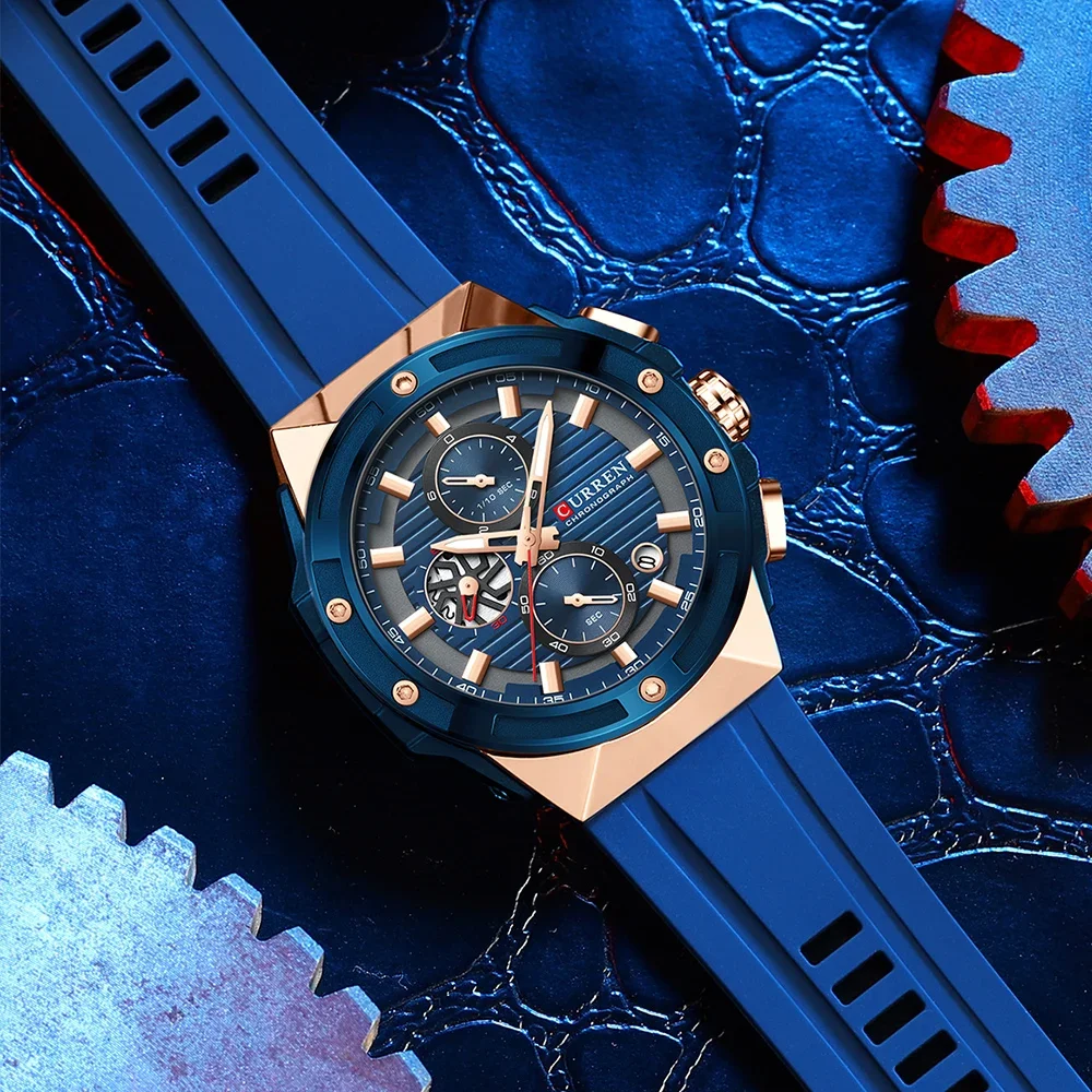 CURREN 8462 Fashionable Sports Multifunctional Chronograph Quartz Watch with Silicone Strap Creative Design Dial Luminous Hands