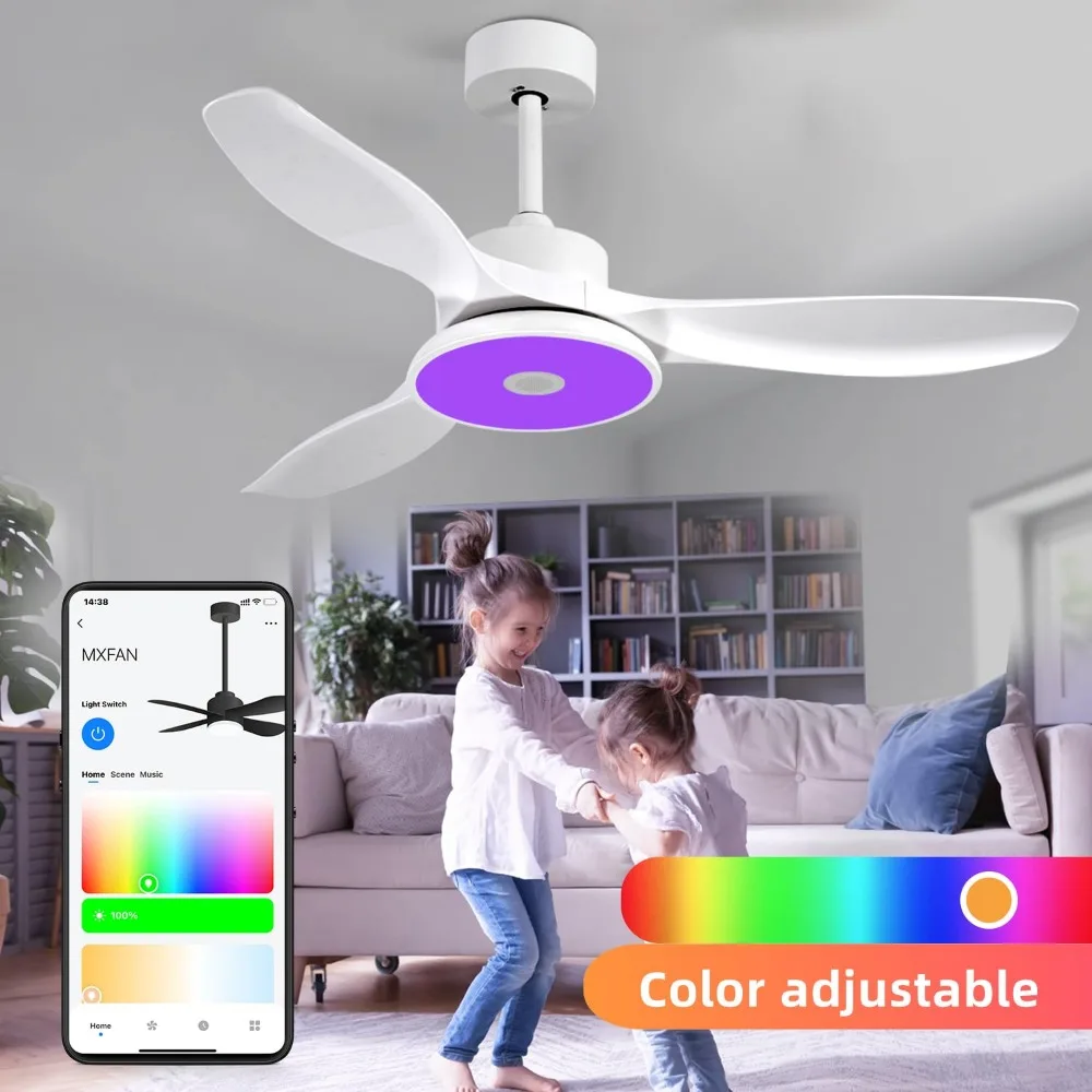 Smart Ceiling Fans with Lights, 6 Speed Reversible Noiseless Motor, LED-RGB Light, Modern Ceiling Fan for Bedroom 48 inch