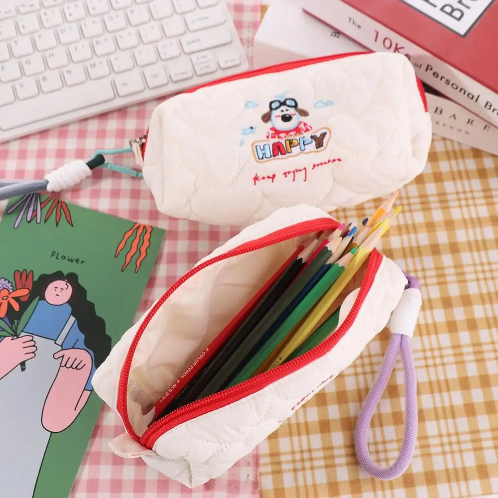

Lovely Embroidered Dog Puppy Stationery Bag With Pendant Rope Desktop Storage Korean Style Pencil Case Ins Style Large Capacity