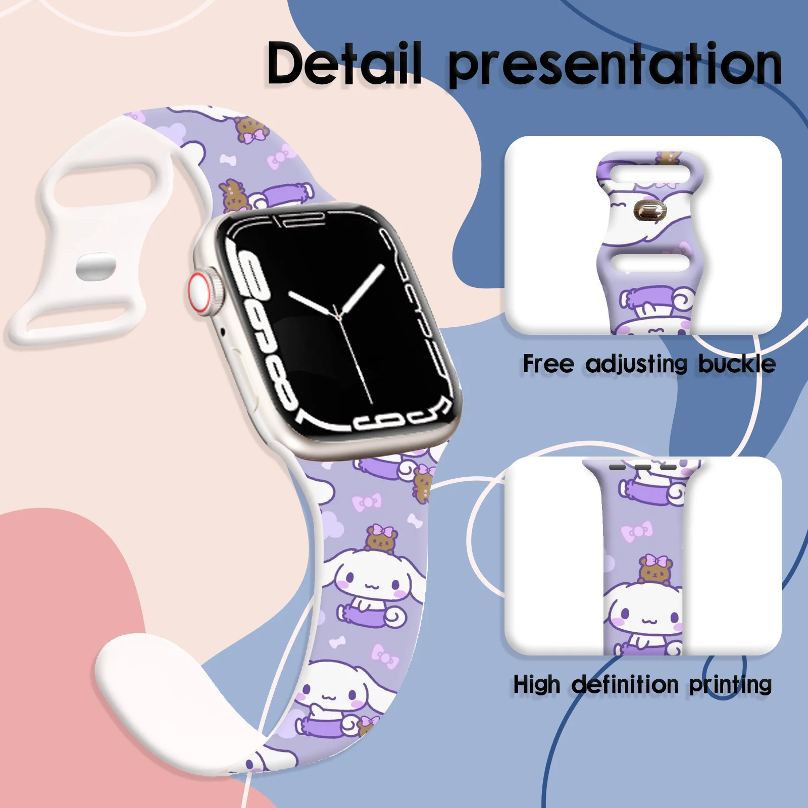 MINISO حزام مطبوع ملون لطيف لساعة أبل 11 10 9 سوار سيليكون قابل للاستبدال لساعة iWatch 46/44/42/41 مللي متر