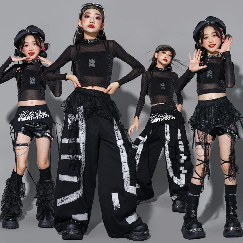 

Girls Jazz Outfit Black Dance Performance Costume Kpop Stage Outfit Crop Top Shuffle Pants Children Street Dance Clothing 2858