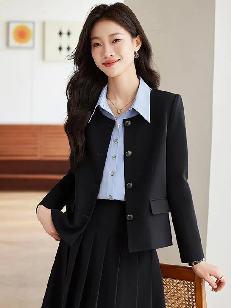 ฤดูใบไม้ผลิฤดูใบไม้ร่วงชุดผู้หญิงสีดําสีเทา Elegant รอบคอเดี่ยว Breasted Blazers Coat + เอวสูงจีบกระโปรง Midi 2 ชิ้นชุดใหม่