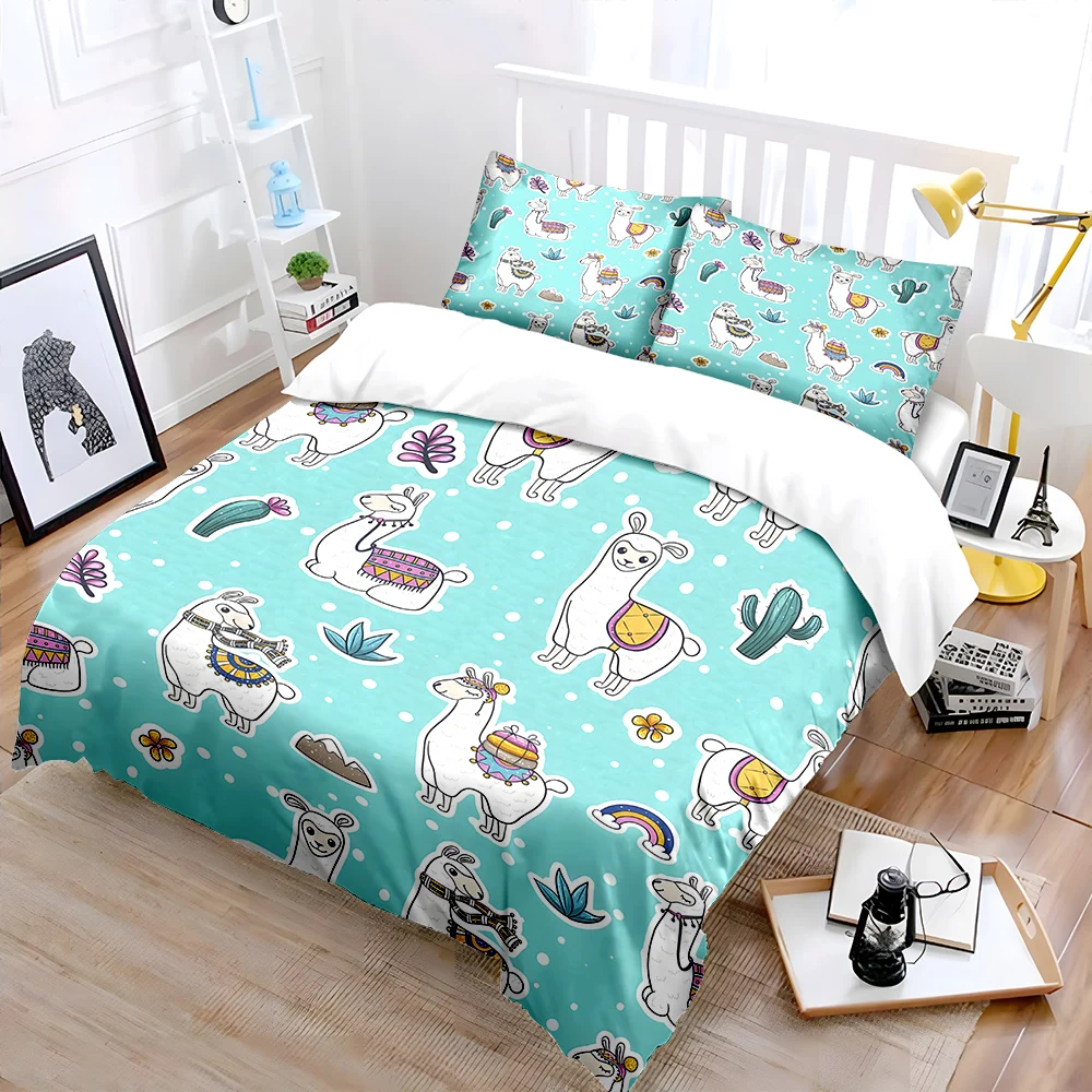 3PC Cartoon Alpaca Cyan background Print Bedding Set 1 Duvet Cover 2 Pillowcases for Adult and Children Luxury Gift Full Size