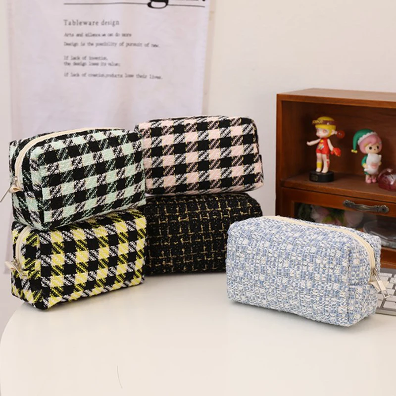 Black Canvas Plaid Travel Cosmetic Lipstick Storage Bag Cute Girls Makeup Handbags Organizer Stationery Pencil Cases Pouch Bag