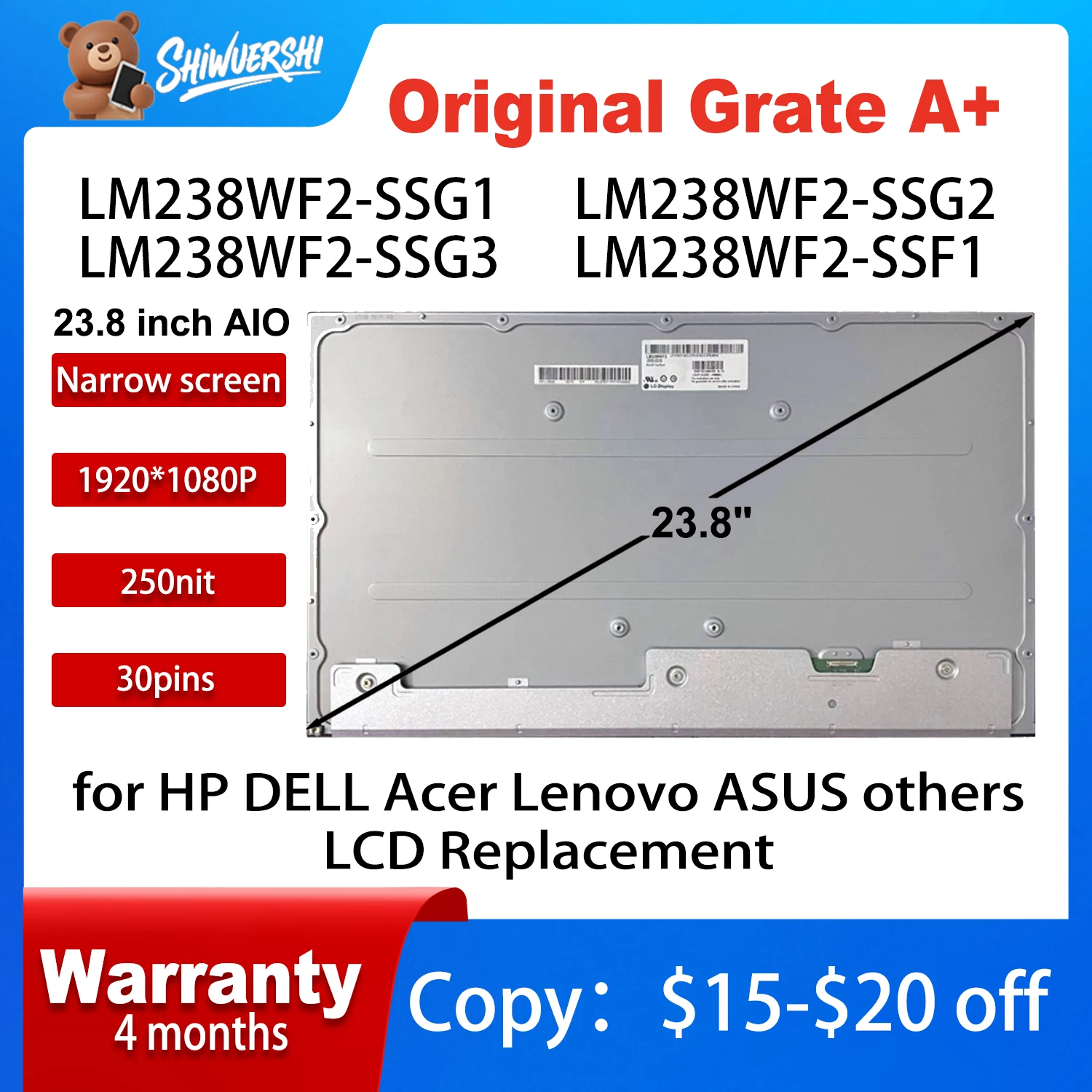 

Original New 23.8 inch AIO LCD Screen Display Panel 30 Pins Replacement LM238WF2 SSG1 LM238WF2 SSG2 LM238WF2 SSG3 LM238WF2 SSF1