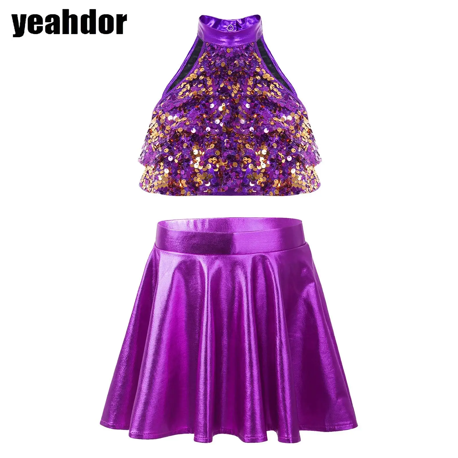 

Girls Jazz Dance Outfit Shiny Sequin Tiered Backless Crop Top with Metallic Ruffled Skirt School Basketball Cheerleading Costume