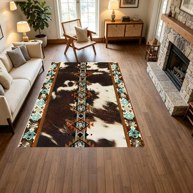 Western Cowhide Aztec Style Rug Farmhouse Cowhide Printed Rug Non-Slip Floor Mat Suitable for Country Home Decor