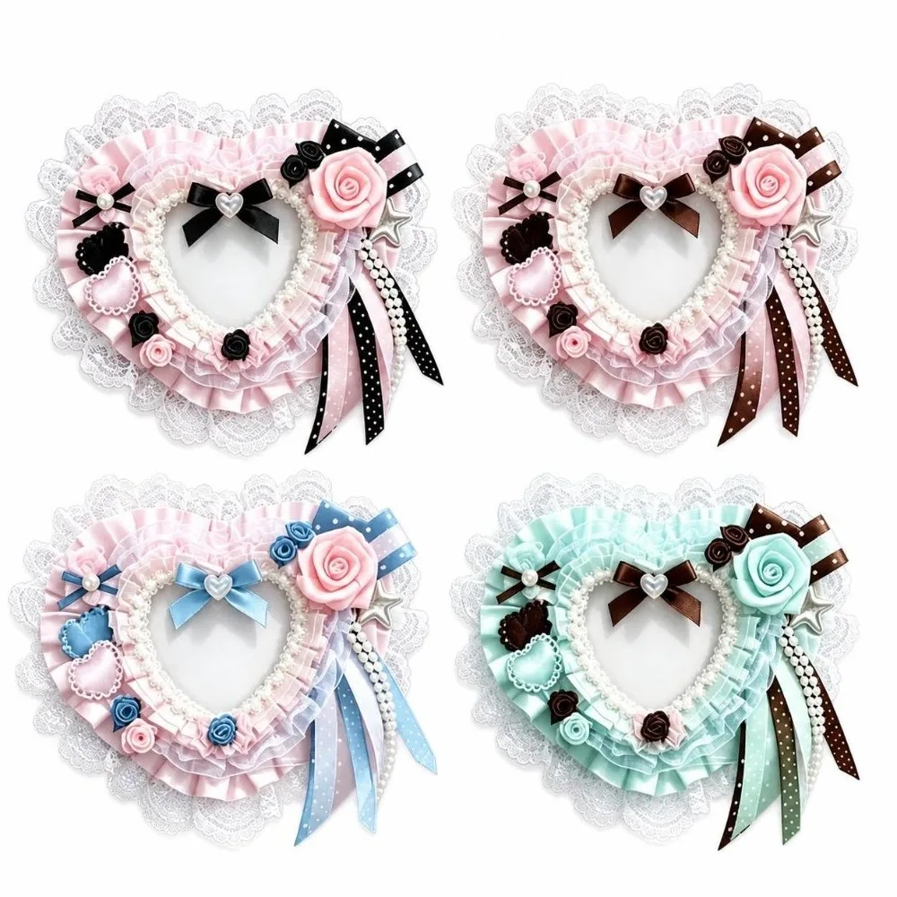 Portable Handmade Heart Badge Holder Heart Shape Photo Display Card Holder DIY Lace Bow Photocard Holder For Kpop Lovers