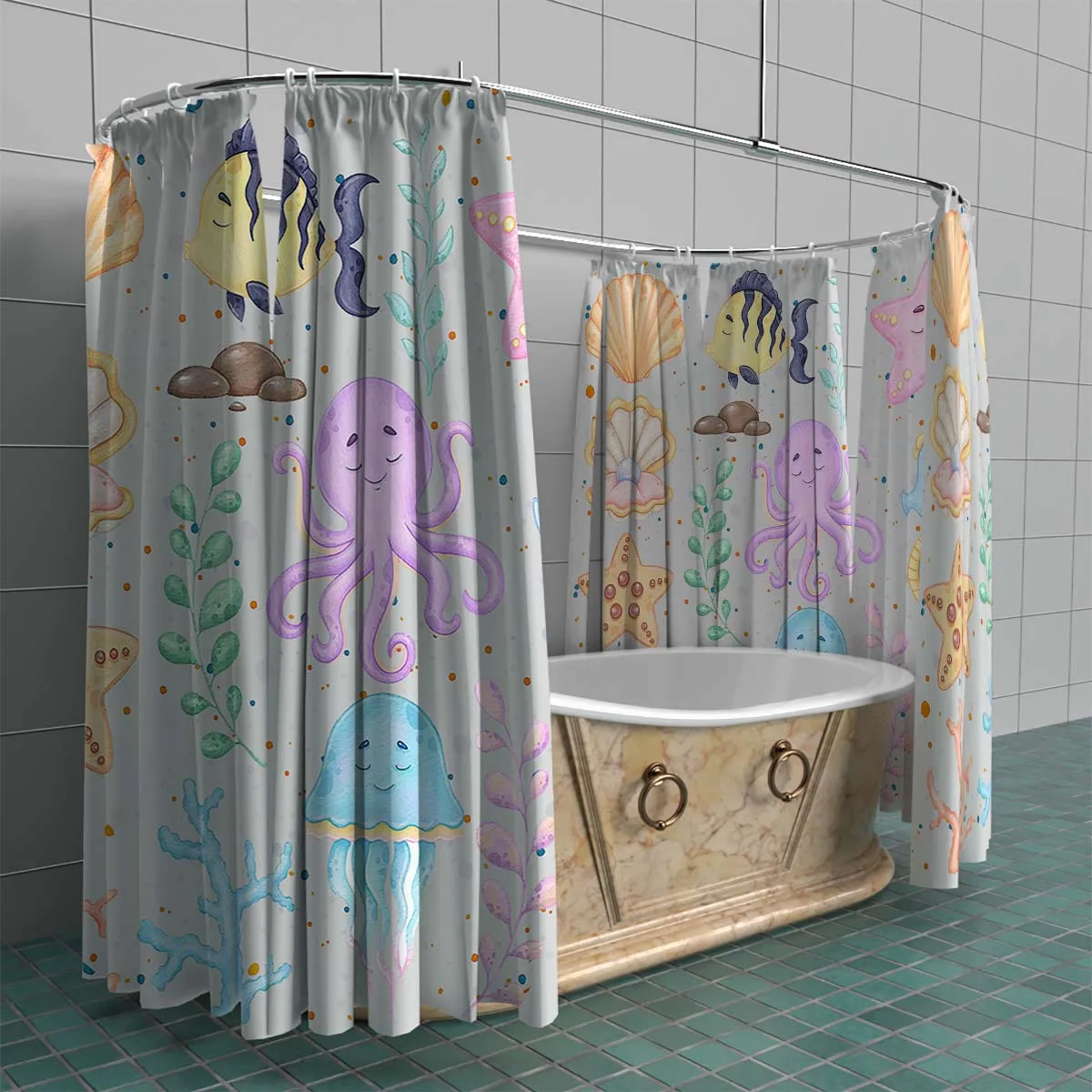 180x180cm bathroom waterproof polyester shower curtain, mold resistant, perforated with hooks, seahorse shell seaweed