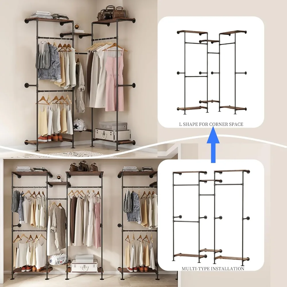 Closetsystemen voor inloopkasten, pijpkledingrek Closet Organizersysteem met planken Wandgemonteerd kledingrek Zwaar