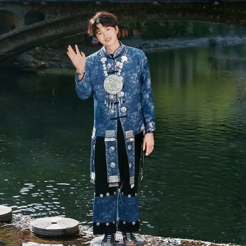National Hmong Costume Men's Traditional Miao Ethnic Tie Dyeing Hanfu Niche Travel Camp Suit Halloween Stage Outfits Male