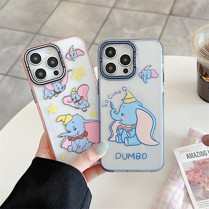 디즈니 귀여운 핑크 만화 재미있는 덤보 코끼리 전화 케이스, 아이폰 13 14 15 프로 맥스 렌즈 보호 접이식 스텔스 브래킷 커버