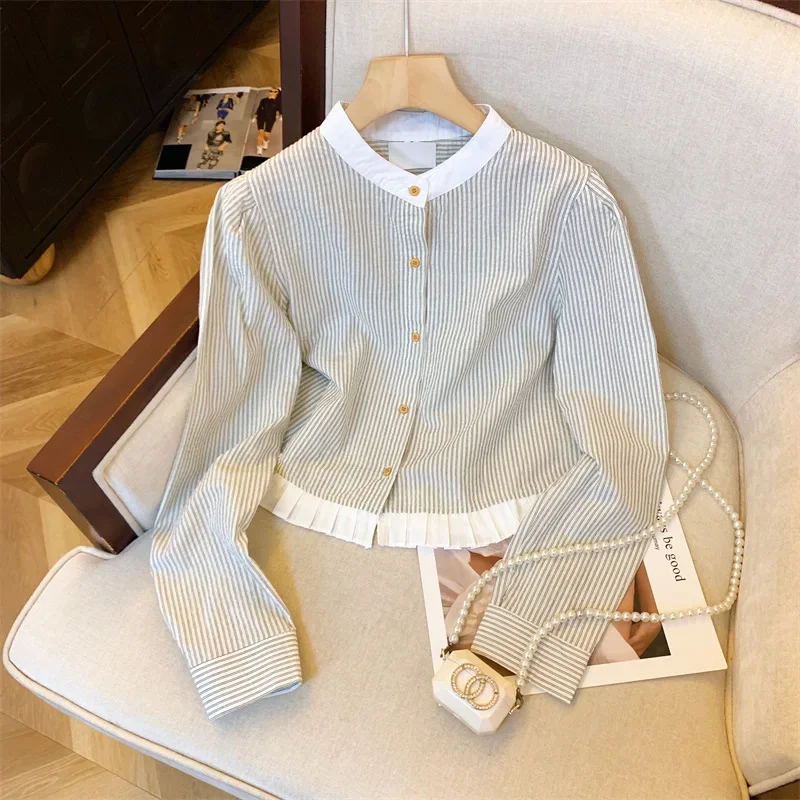 Loose Long Sleeve Striped Shirt Women's Spring Autumn New Style Bottom Pleat Design Korean Style round Neck Cotton Polyester Top