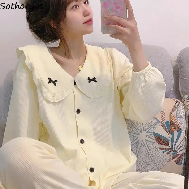 

Pajama Sets Women Kawaii Peter Pan Collar Korean Style Bow Prevalent Sleep Wear Loose Spring Leisure Full Length Home Clothes