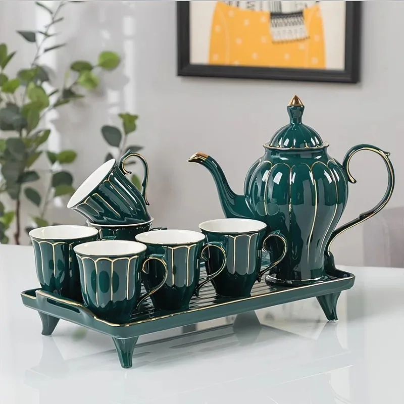 Ceramic Coffee Tea Set Nordic Phnom Penh Green White Pot Cup Tray Bar Water Ware Kettle Household Kitchen Supplies Drinkware