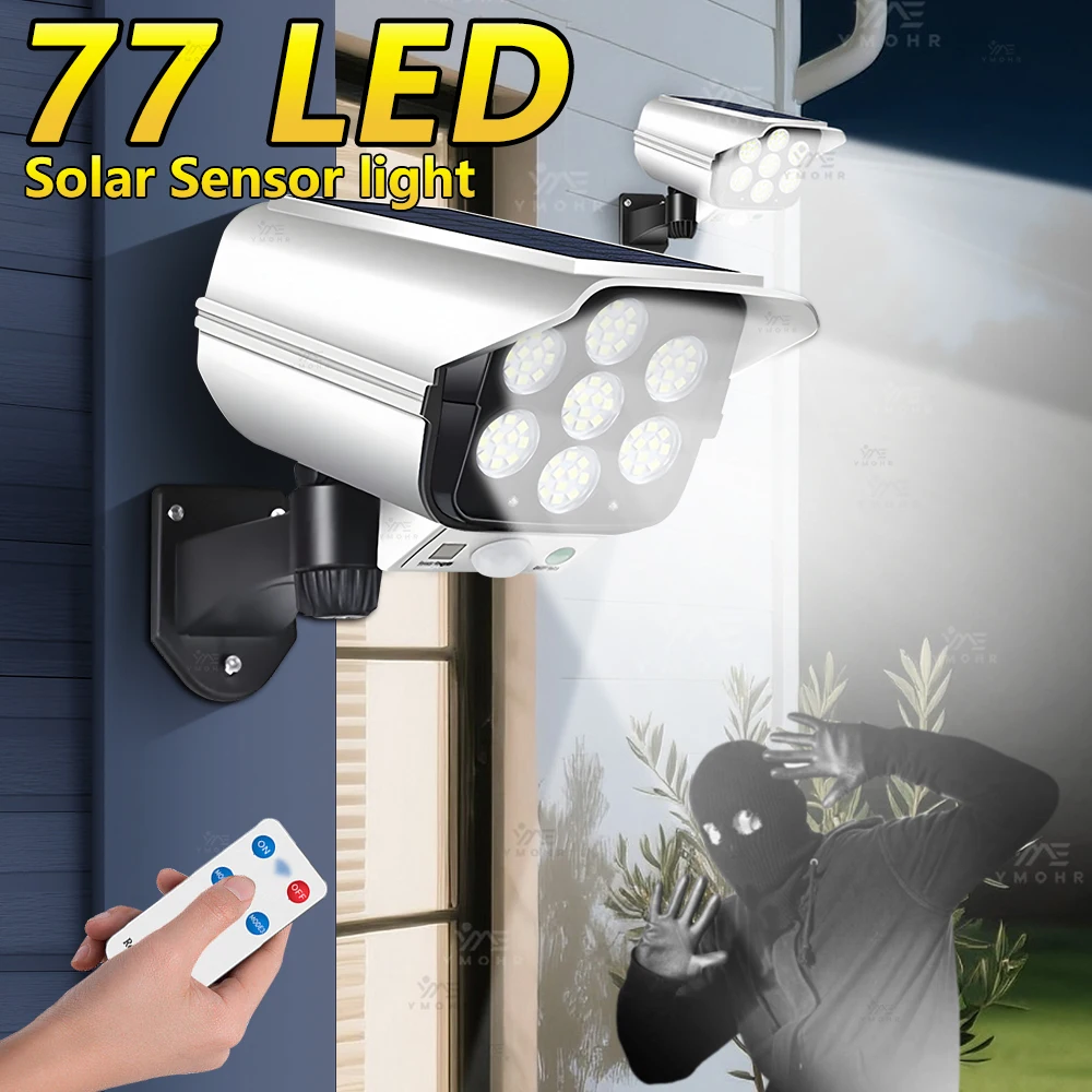

77LED супер яркий интеллектуальный солнечный настенный светильник с дистанционным датчиком движения, аналоговый мониторинг, 3 режима, освещение двора, фермы, гаража